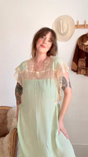 Load image into Gallery viewer, 1920s tissue silk pistachio green lace dress