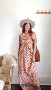 Vintage 70s block print halter dress