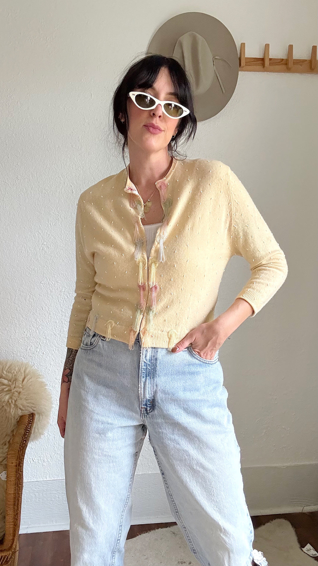 Vintage cashmere silk lined beaded cardigan