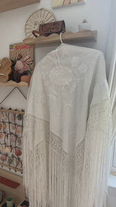Vintage white silk fringe shawl