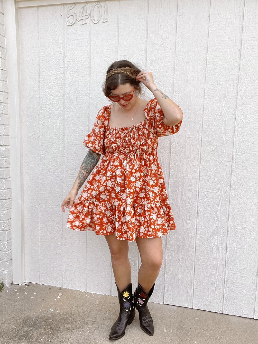 Signature Collection-Orange floral puff sleeve dress